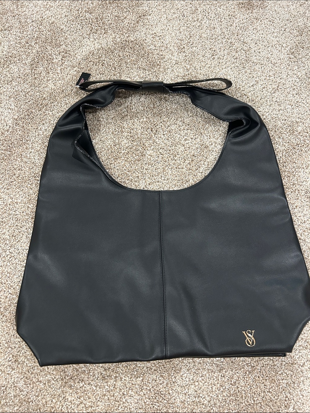 Victorias Secret Classic Black Shoulder Tote with Gold Logo Bow on Handle NWT